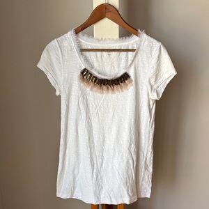 LOFT White Short-Sleeve Scoop Neck Top with Embellished Design